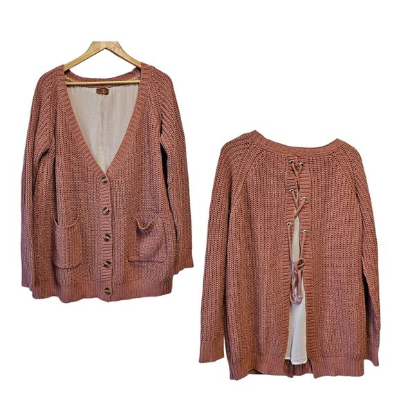 Pol Anthropologie Cable Knit Cardigan‎ Sweater Lace Up Back Sheer Liner LARGE - Picture 1 of 4
